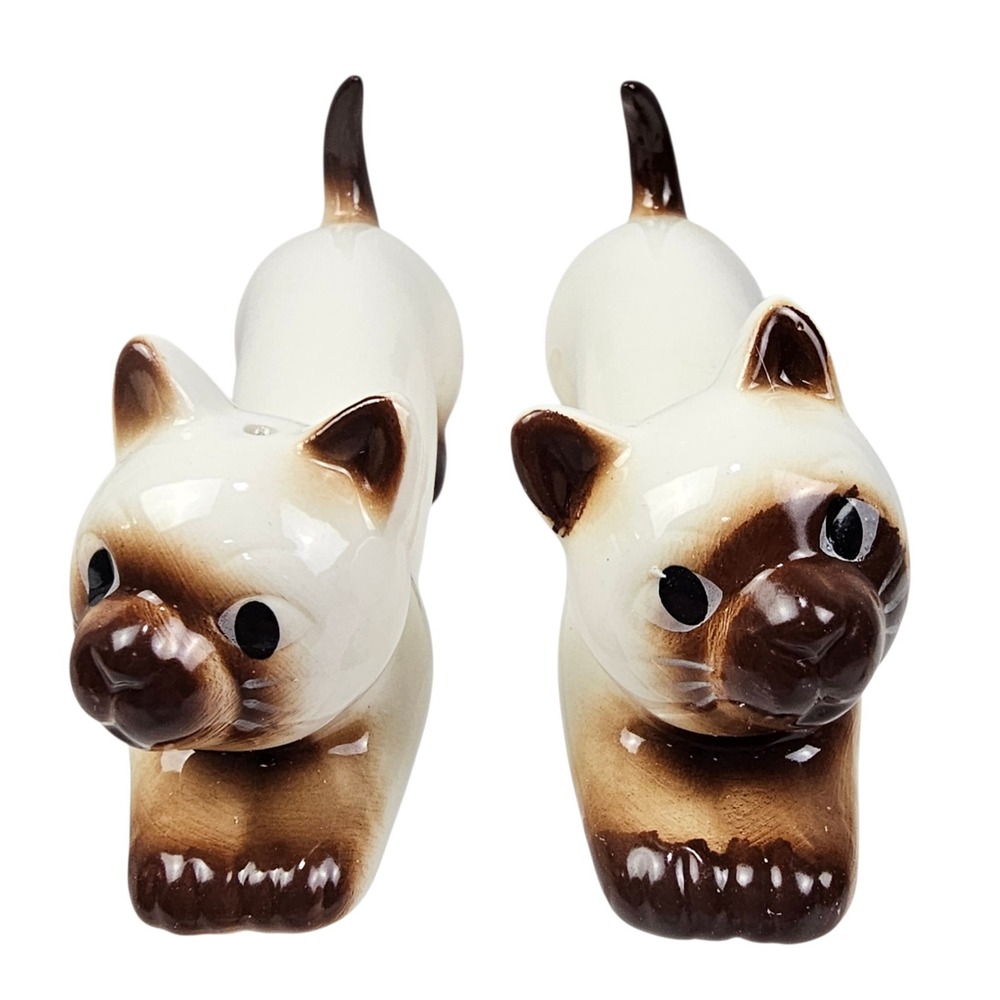 Cracker Barrel Siamese Cat Salt and Pepper‎ Shaker Set Ceramic Stretching NWT